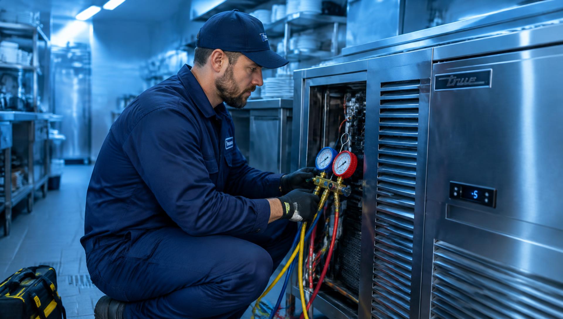 Servisní technik při opravě gastro chlazení